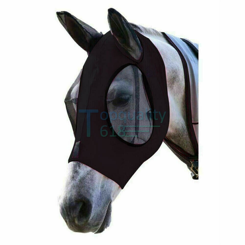 Safe Horse Fly Mask Waterproof Full Face Mesh Protective Detachable Horse Wear Equestrian Safety Ear: Black