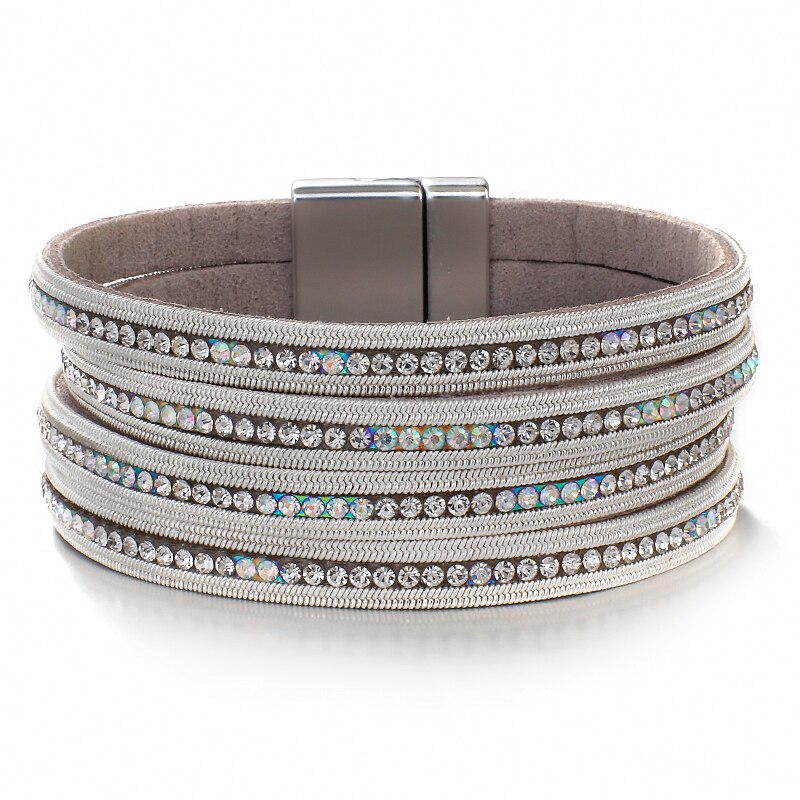 Amorcome Multilayers Rhinestone Leather Bracelet for Women Crystal Charm Wide Wrap Bracelets & Bangles Jewelry