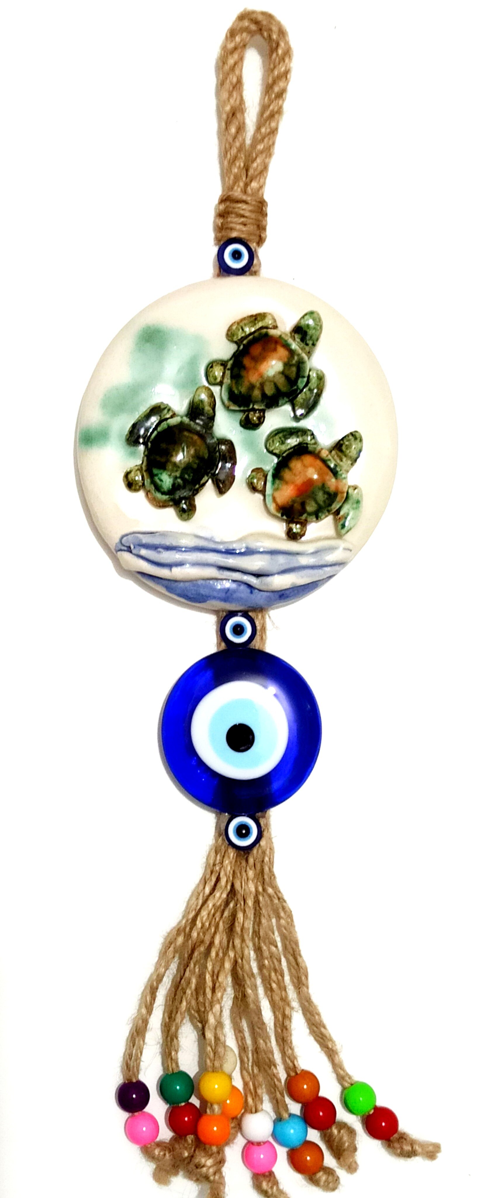 Ceramic Turtle Detailed Glass Evil Eye Beaded Wall Decoration Handmade Souvenirs
