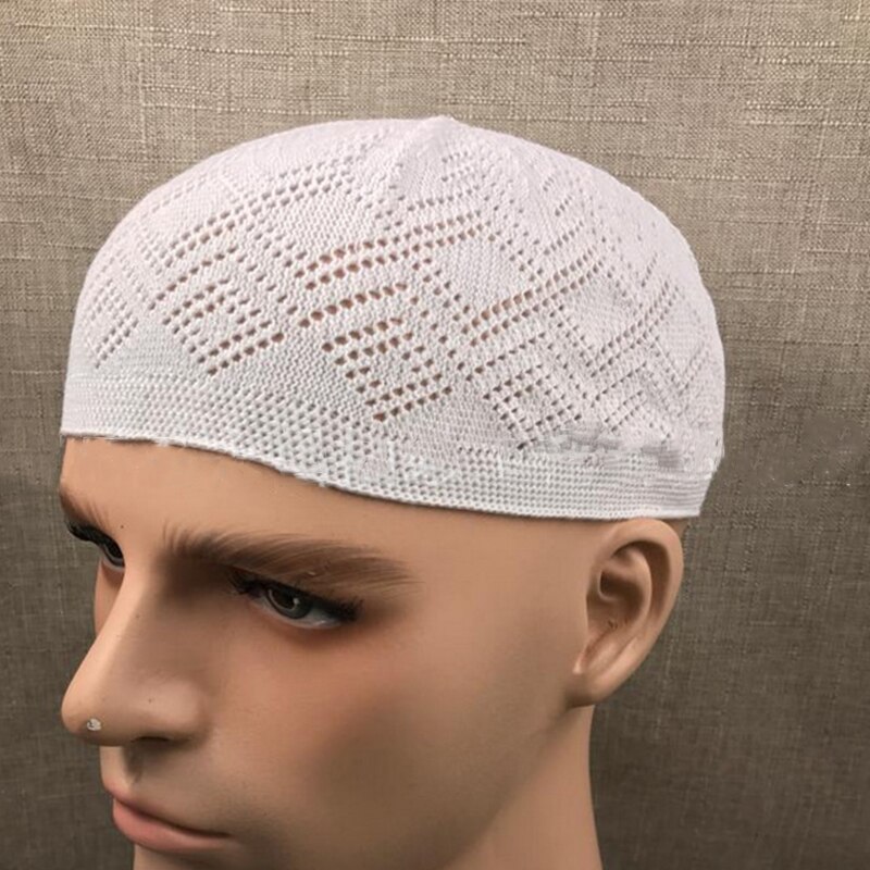 Hommes musulmans prière chapeaux tricoté coiffe de tête chapeau islamique casquettes: WHITE