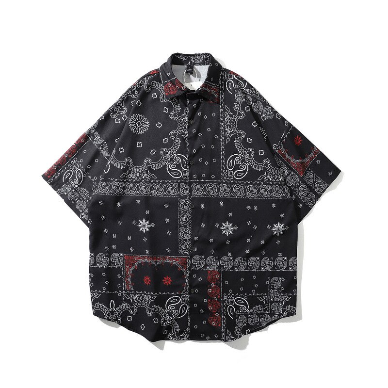 bouton Up hommes noir Bandana chemise urbain garçons Streetwear Hip Hop manches courtes Bandana bouton Up chemise de grande taille