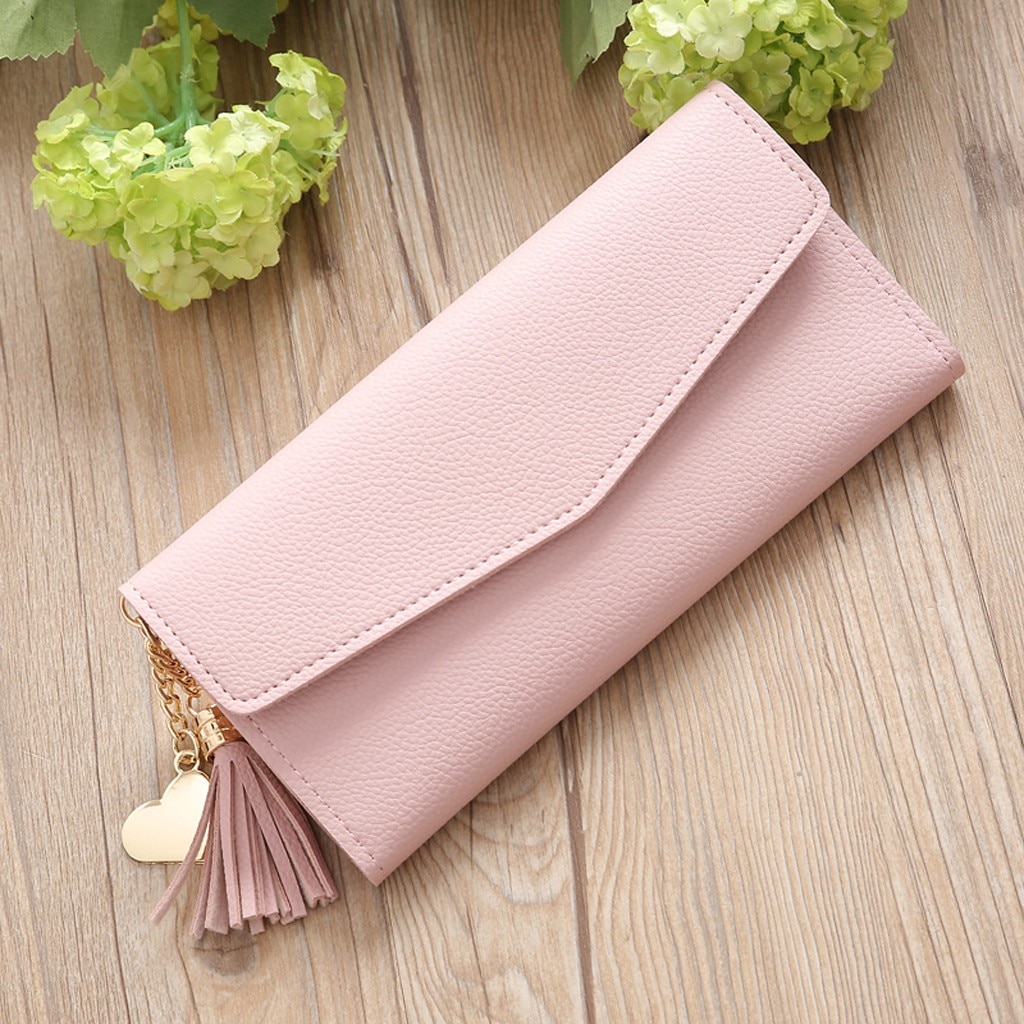 Women's trend solid color long fringed leather simple card bag Fringed long wallet кошелек женский натуральная кожа: Pink