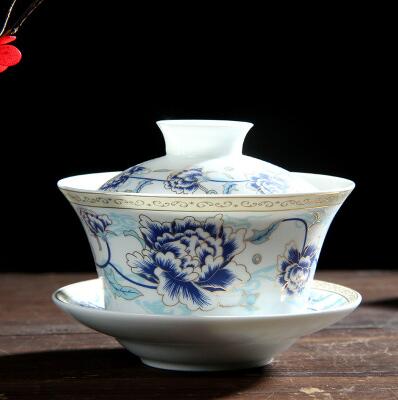 Large Blue and White Porcelain Gaiwan 250ml Ceramic Cover Bowl Jingdezhen Sancai Bowl Respect Tea Bowl Chinese Tea Set: 8