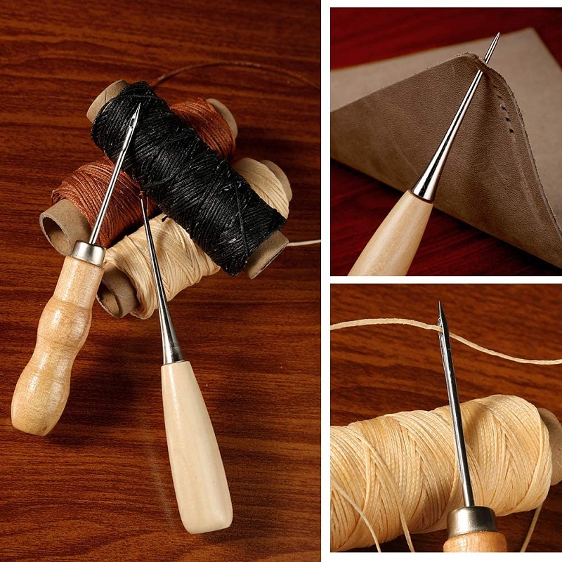 Leather Stitching Tools Kit with Hand Sewing Needles Awl Thimble Waxed Thread Set for DIY Leather Craft Shoemaker Repairs