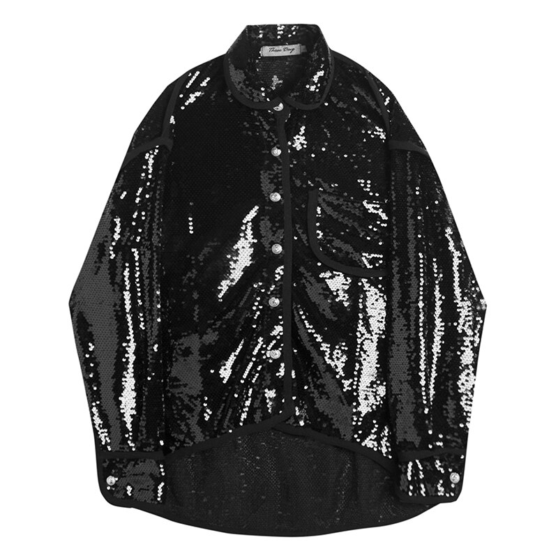 Autumn personality sequins Korean men's loose long-sleeved shirt nightclub bar dj singer costume coat: M