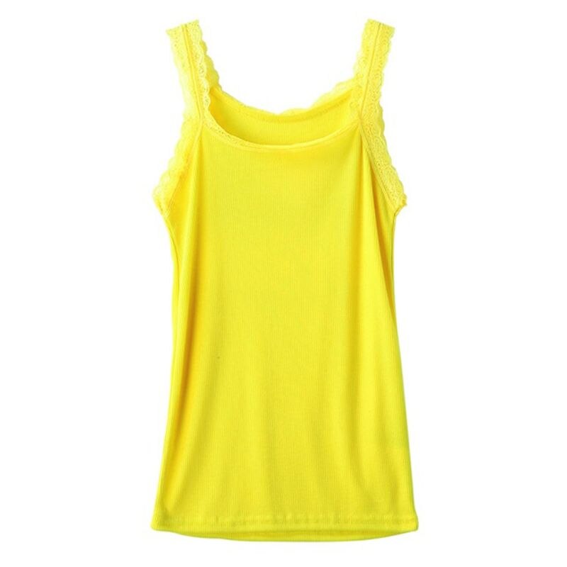 Vrouwen Zomer Mouwloze Tank Solid Candy Kleur Basic Hemdje Bloemen Kant Trim Geribbelde Gebreide Casual Ondergoed Slanke Vest: Light Yellow