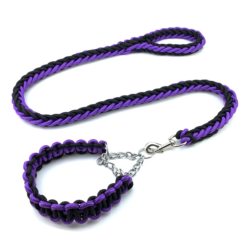 Nylon Braided Dog Collar And Leash Set Traction Rope For Small Medium Large Dog Leash Chien Pitbull Bull Terrier Pet Accessories: Purple / 43-53 cm