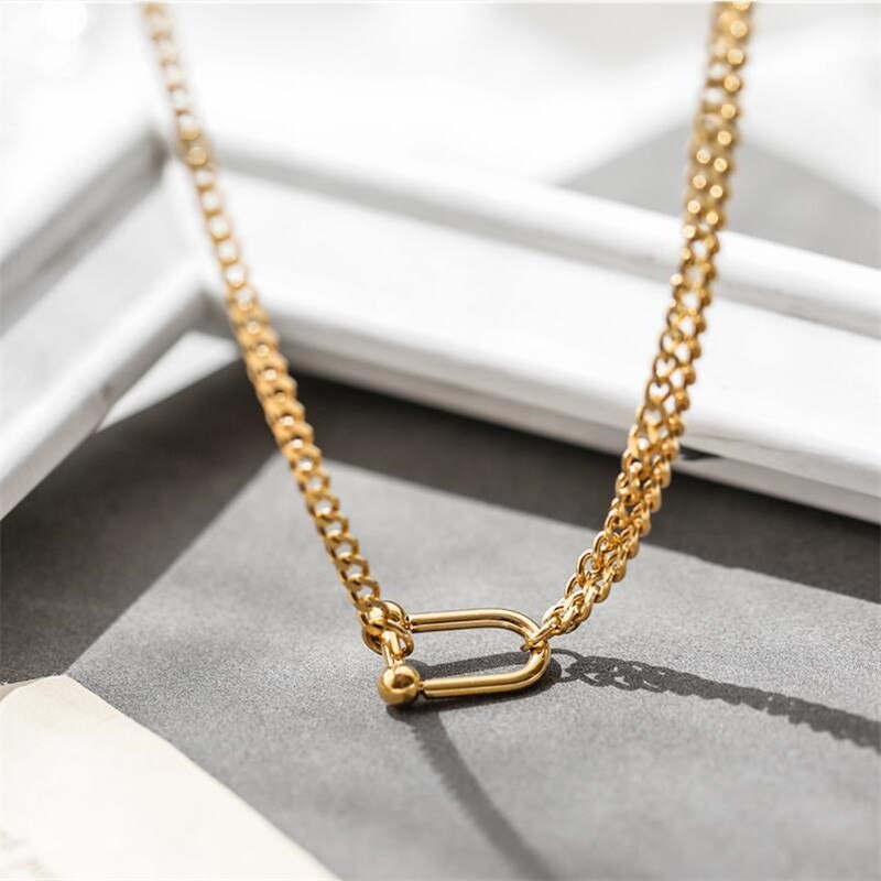 HUANZHI Gold Color Double layer Asymmetric Metal Necklace U Shape Pendant Choker Chian for Women Girls Jewelry: Default Title