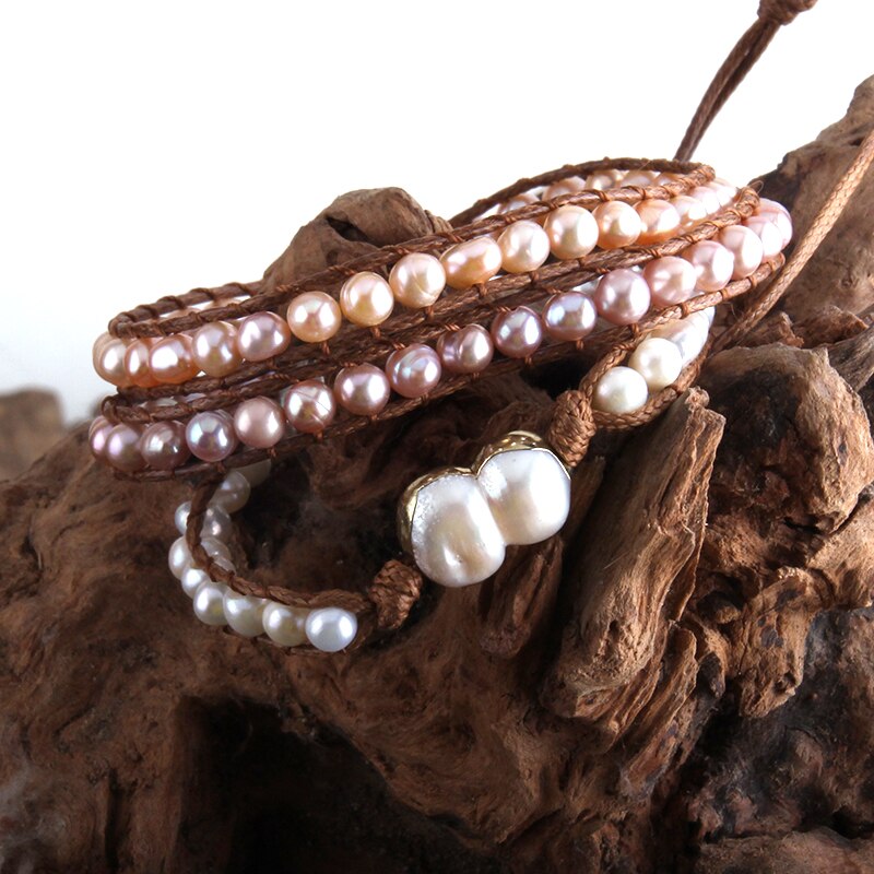 RH Boho Bracelet Pearl Armbander Freshwater Pearl 3 Strands Woven Wrap Bracelets