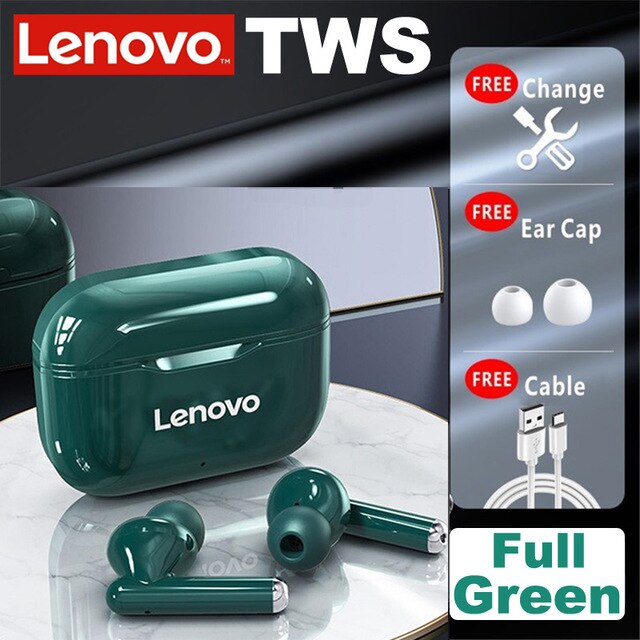 Lenovo-auriculares inalámbricos LP1 con TWS, cascos deportivos impermeables con Bluetooth 5,0, micrófono con cancelación de ruido, estéreo Dual, HIFI, bajos táctiles: green