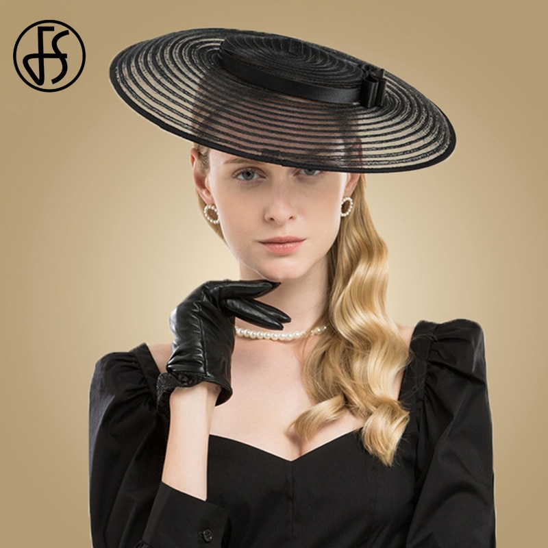 Fs veľké čierne kostolné klobúky klobúky so širokým okrajom fascinátory pre ženy biele kentucky derby dáma luk svadobné spoločenské šaty fedoras