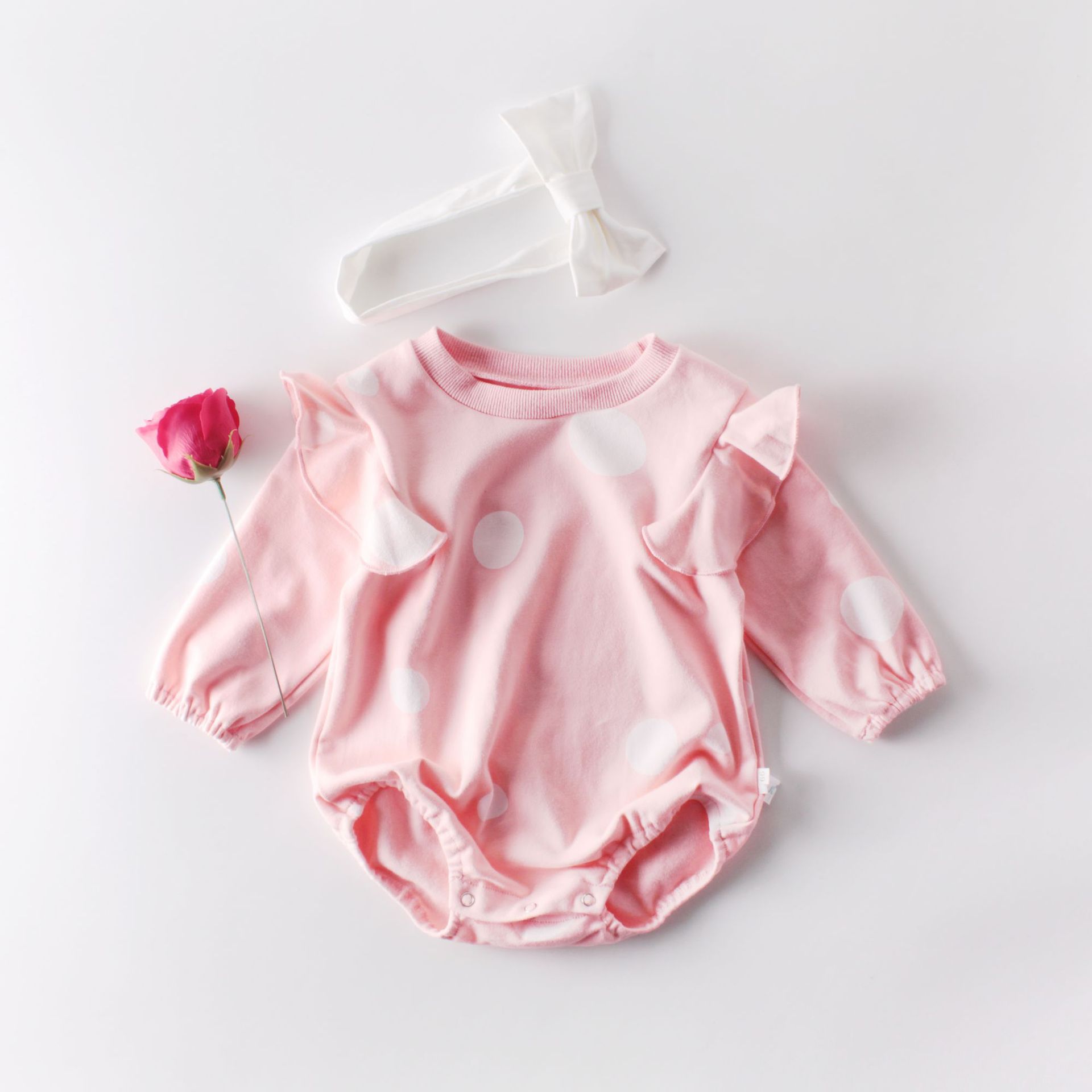 0-24M Autumn Infant Kids Girls Boys Bodysuits Polka Dot Print Ruffles Long Sleeve Jumpsuits Clothes Headband 2pcs