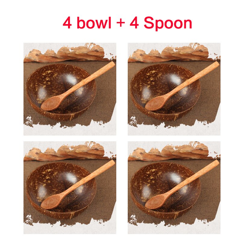 Juego de cuencos de coco Natural, cuchara para fruta, ensalada, fideo, tazón de arroz, Artesanías hechas a mano de madera, vajilla de estilo japonés para restaurante: 4 spoon 4 bowl