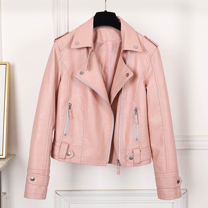 Sungtin Women Faux Leather Jacket Beige Casual Slim Motorcycle Biker Leather Coat Female Punk Streetwear Spring Autumn Jackets: Pink / M