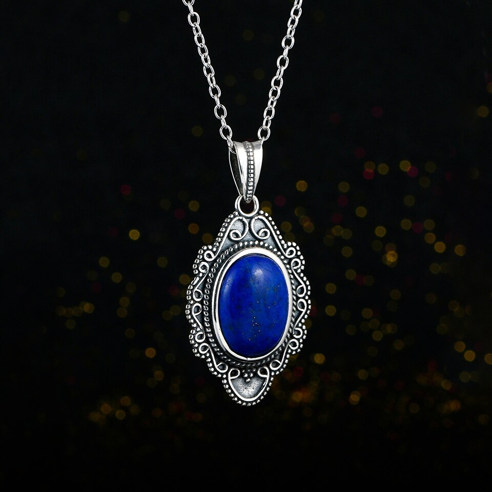 925 Sterling Silber Halskette Jahrgang Oval Lapis Anhänger Halskette Schmuck für Frauen Party Geburtstag Edlen Schmuck