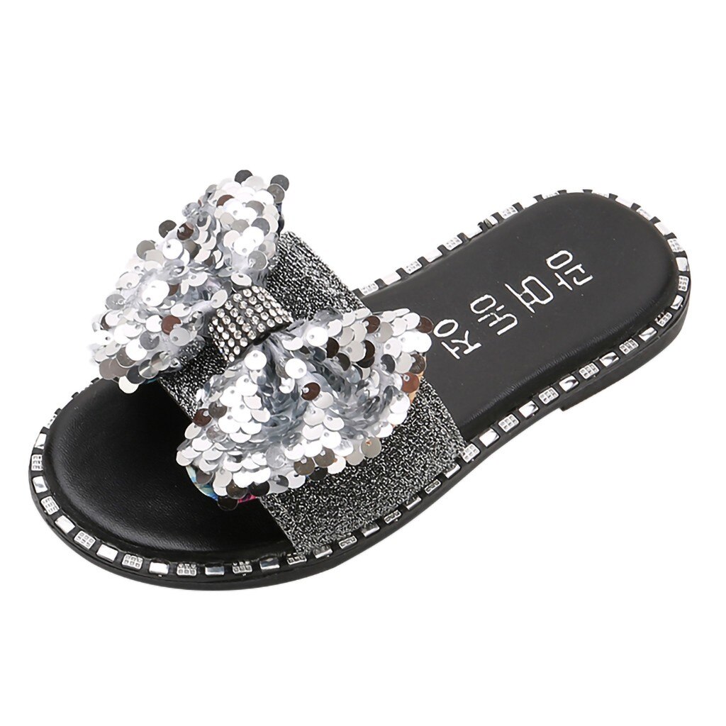 Girls Rhinestone Bow-knot Summer Slipper Children Kids Baby Girls Bling Sequins Crystal Princess Slipper Shoes pantuflas: Silver / 10