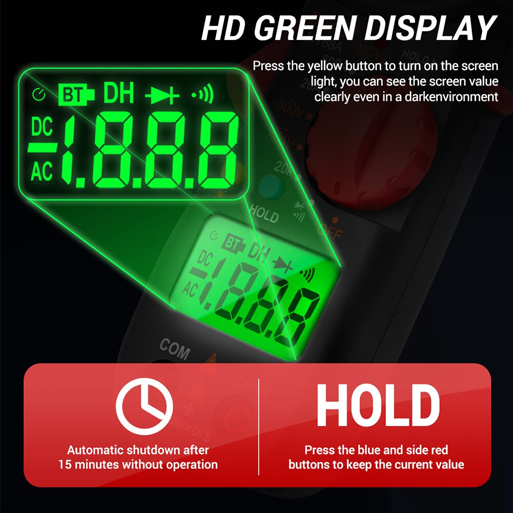 Measuring Tool HD Green Display 1999 Counts Current Voltage Battery Powered ABS Backlight Digital Clamp Multimeter Electrical