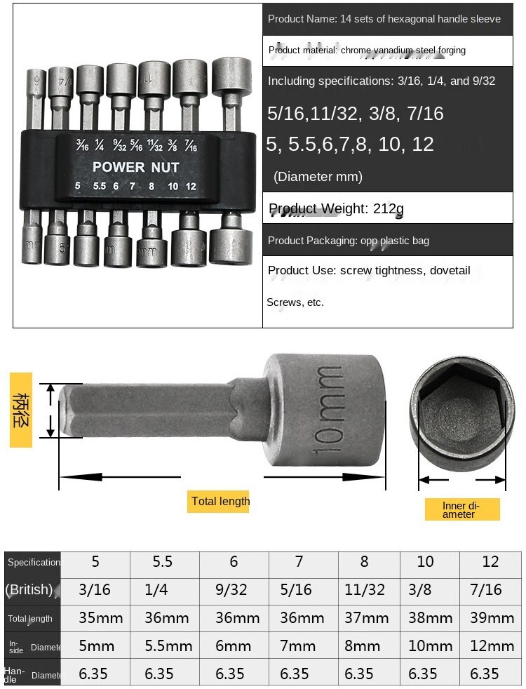 Hexagon Handle Screw Socket Wrench Screw Socket Pneumatic Air Screw Socket Electric Screw Bit for Self-tapping Screw: 14pcs