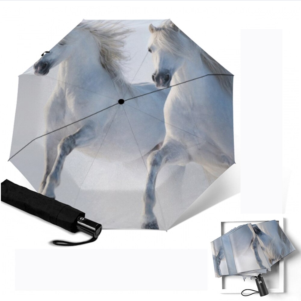Anti uv drie opvouwbare witte paardenpatroon paraplu dieren schilderij pongee zonnige en regenachtige paraplu's mannen en vrouwen kunstparasol