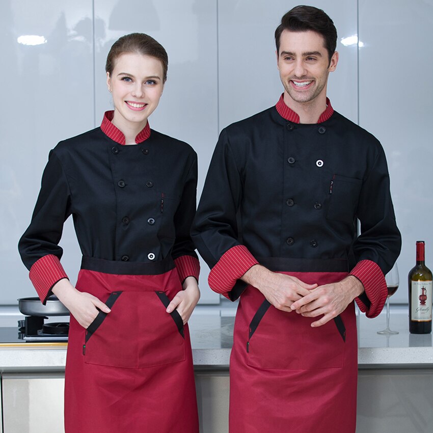 Gratis logo tryk sort hvid rød farve ensfarvet kokkefrakke jakke fuldærmet åndbar bageri tjener restaurant uniform
