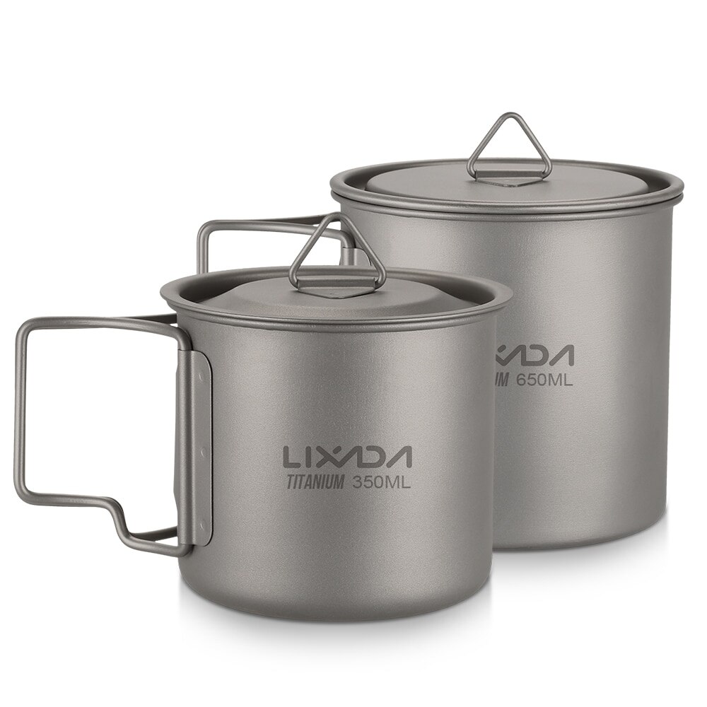 Lixada Camping Becher Ultraleicht Titan Tasse draussen Tragbare Picknick Wasser Tasse mit Faltbare Griff 300ml / 350ml / 550ml / 650ml: 350ml und 650ml