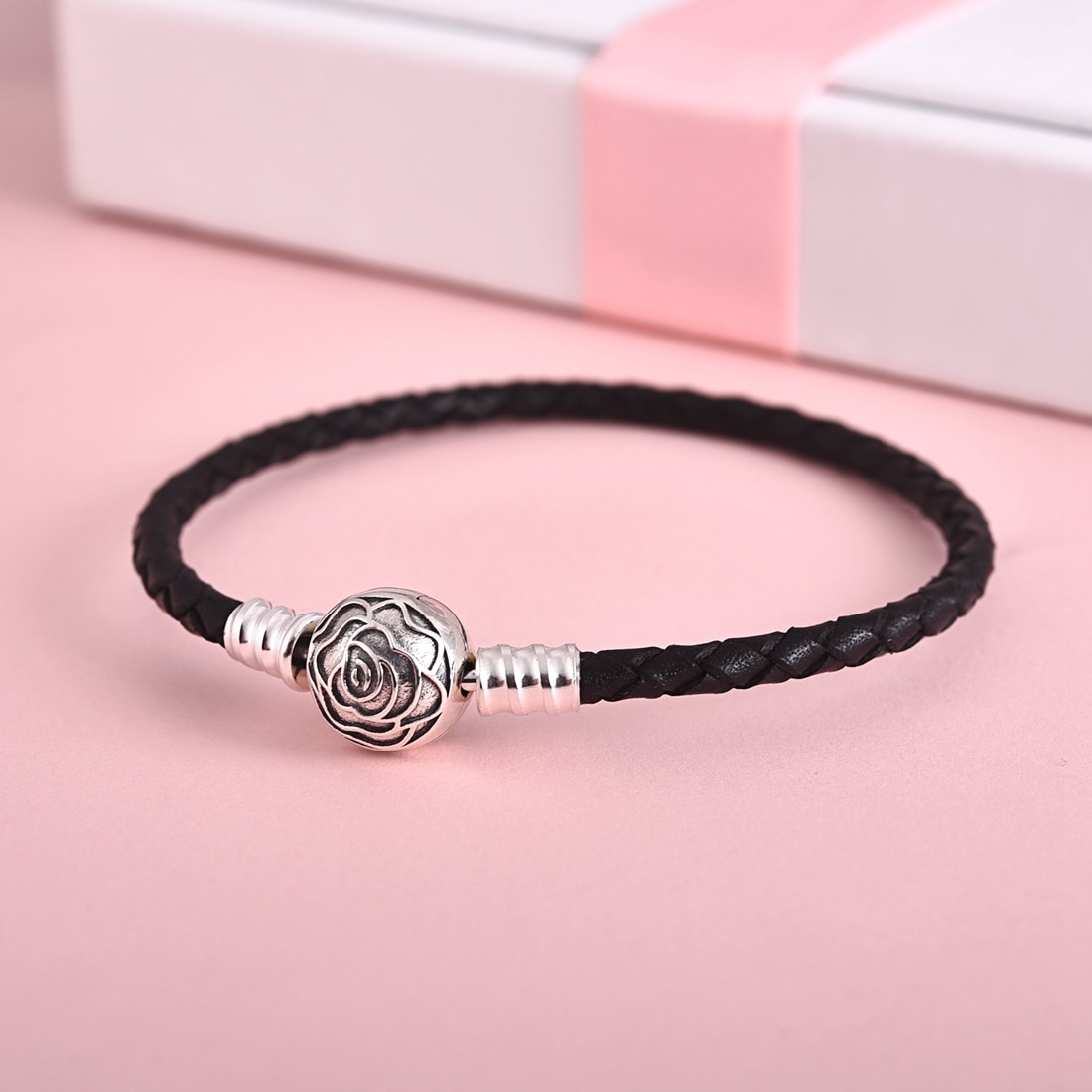 Jiayiqi Fine 925 Sterling Silver Pink&Black Leather Rose Round Buckle Bracelets For Women Fit 925 Silver Charms Bracelet Jewelry