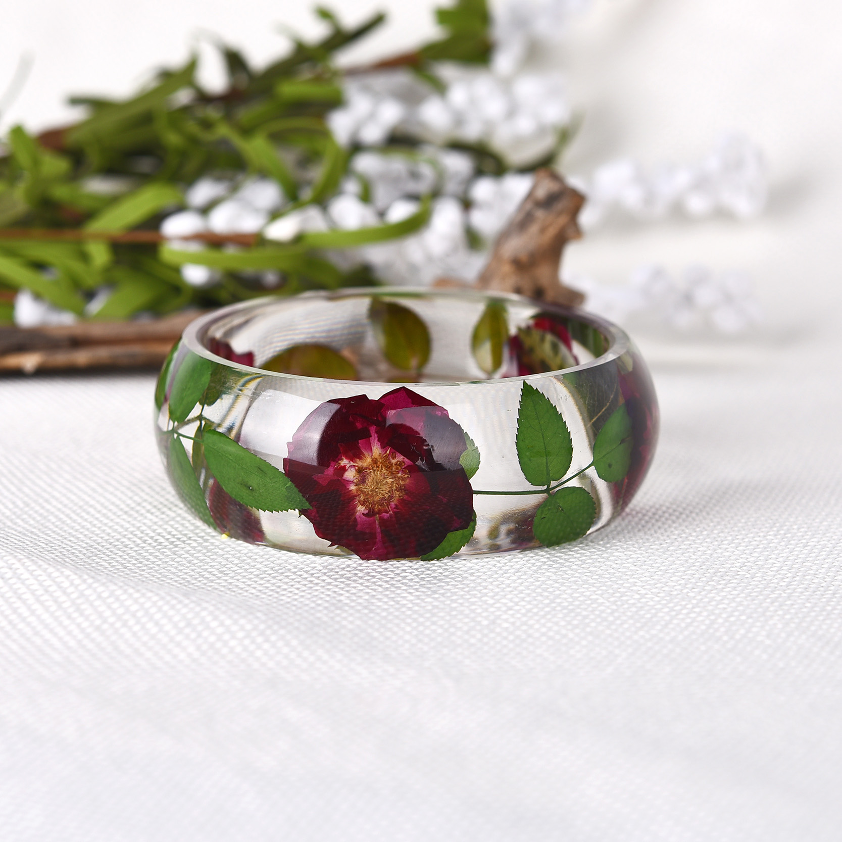 , brazalete de rosa de resina a la , pulsera de hoja verde, pulsera hecha a mano con flores secas reales, joyería transparente para niñas