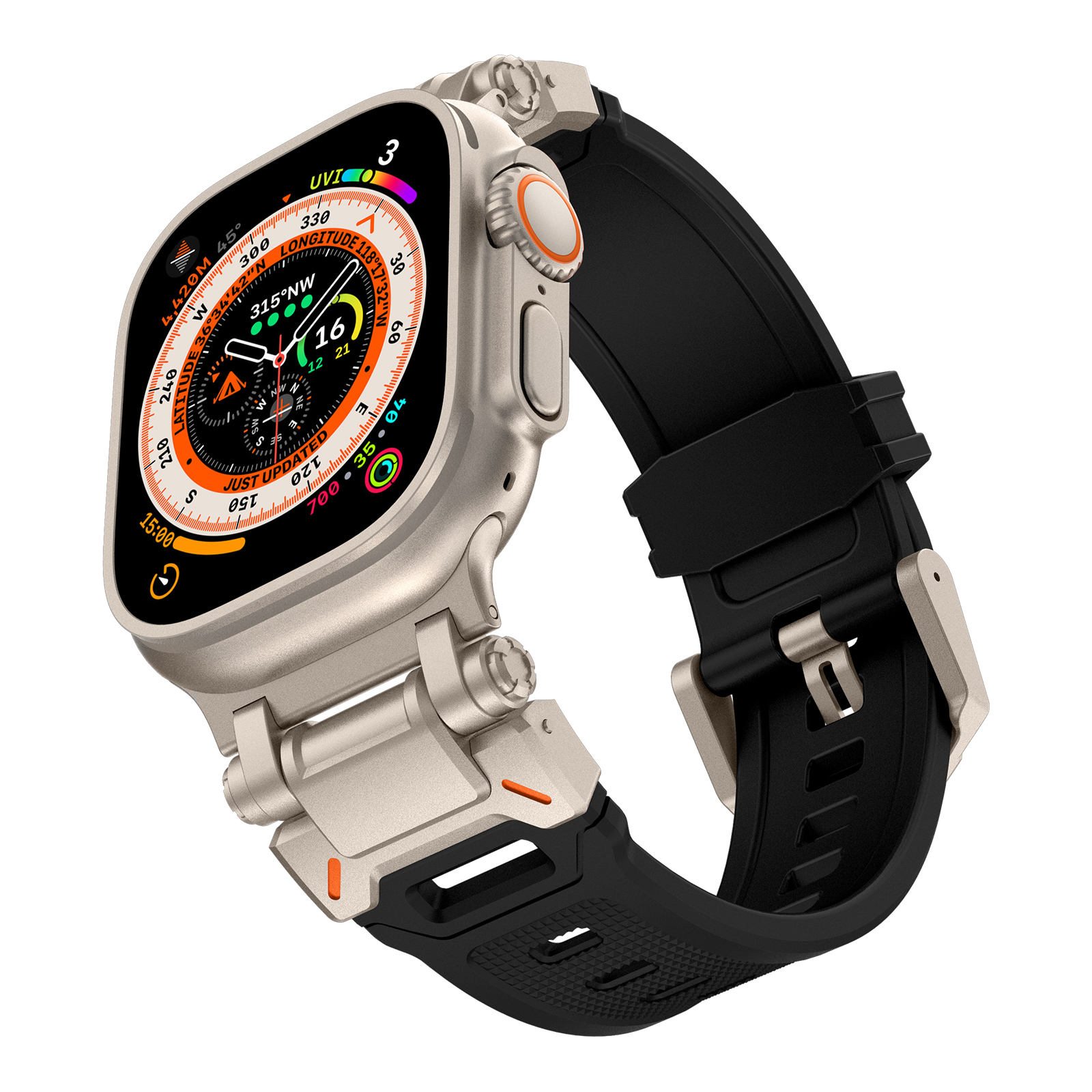 Bracelet en Silicone pour Apple Watch Ultra 2, 49mm 45mm 42mm, métal robuste + Bracelet en caoutchouc, iWatch série 10 9 6 5 7 8 SE, 44mm: Charbon noir / 20mm