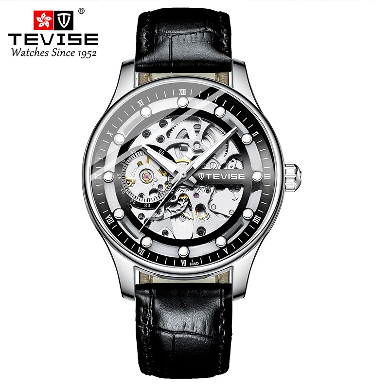 Tevise Skeleton Automatische Mechanische Mannen Horloge Lederen Band Mannelijke Klok Top Luxe Mannen Polshorloge: black silver