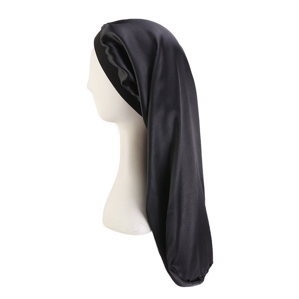 Elastische brede satijnen muts met lange haarlengte, slaapmuts, wikkelmuts, haarverzorgingsmuts voor dames, heren, unisex muts, muts: Zwart