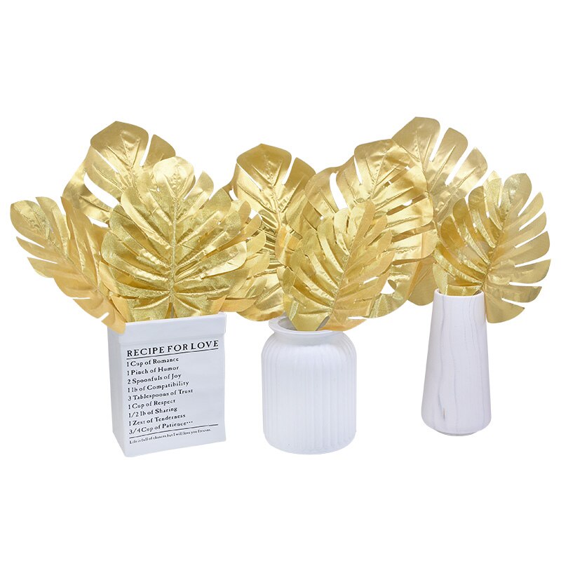 5/10 stk guld kunstige tropiske monstera blade silke palme plante til hawaii temafest hjemmehave dekoration tilbehør