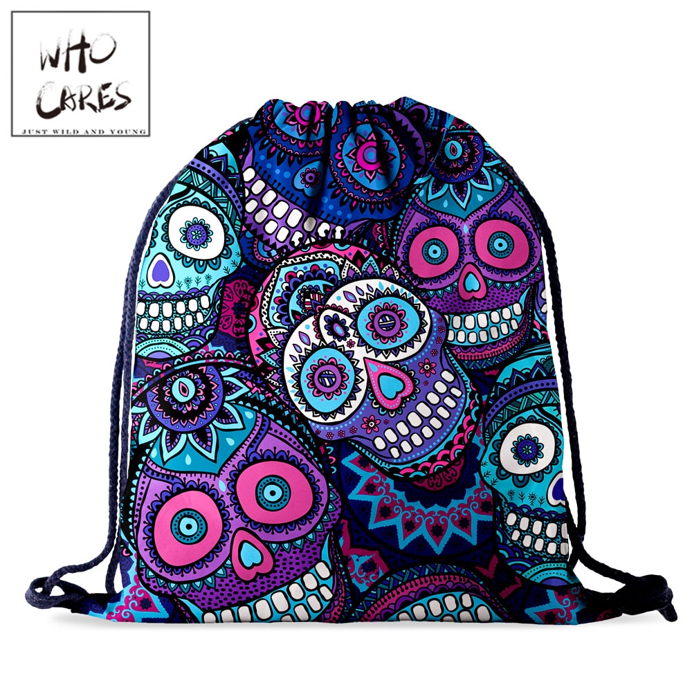 Mochila de almacenamiento con cordón para mujer, bolsa de a la con estampado de calavera 3D, bolsa de viaje portátil impermeable