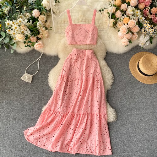 Sommer kvinner uthult todelt sett vintage ermeløse tank topper med slash neck + høyt midje langt skjørt dame hvit/grønn 2pc sett: Rosa / L