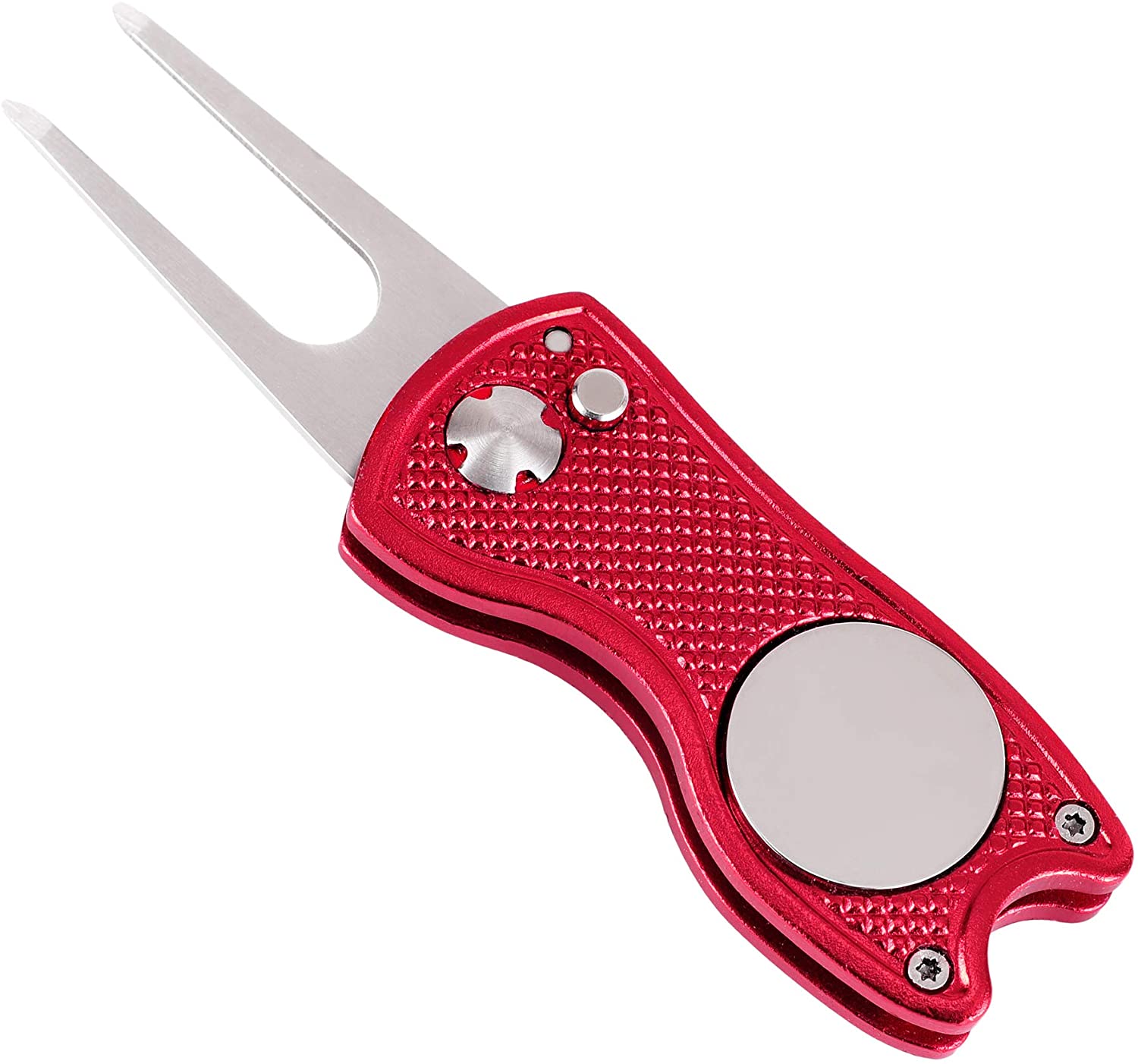Mile High Life All Metal Foldable Golf Divot Tool with Pop-up Button & Magnetic Ball Marker (Multi-Colors/Shape): Red Fish