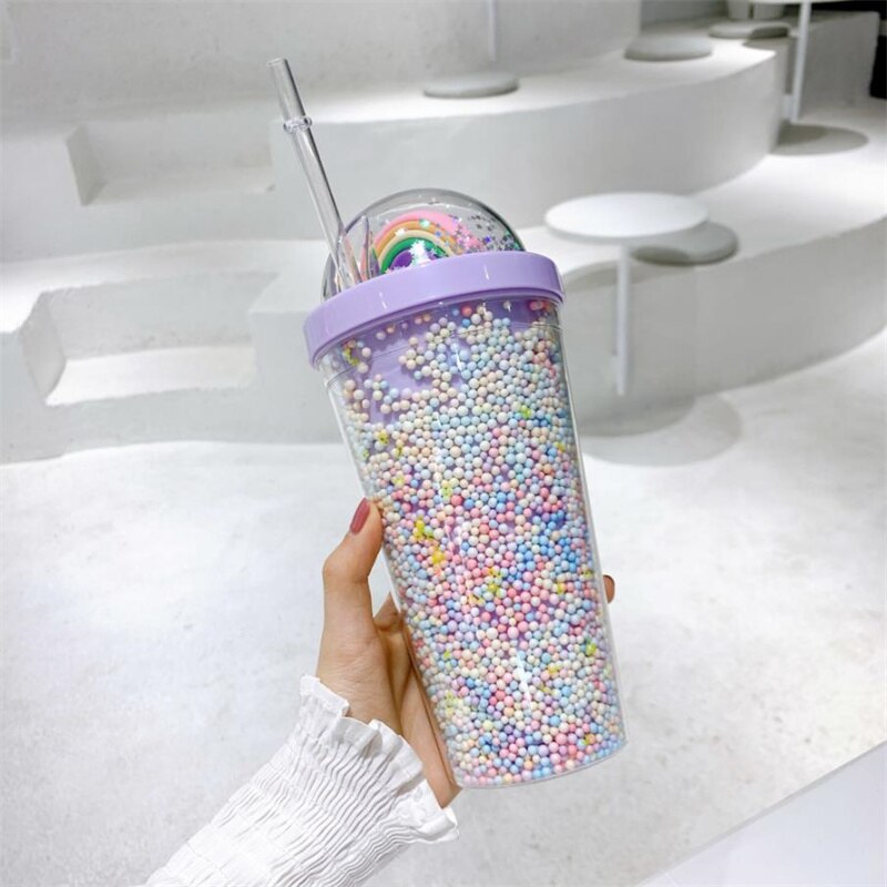 Straw Cup Double Layer Eco-Friendly Plastic Drinkware Ins Girl Water Cup Anti-fall Milk Coffee Cups For Home Office J170: 3