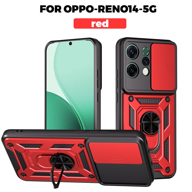 Funda protectora de anillo magnético Armor para OPPO Reno 14 Pro 14F 5G, Funda protectora de lente deslizante para Reno14 Reno14F: Cuero / Azul