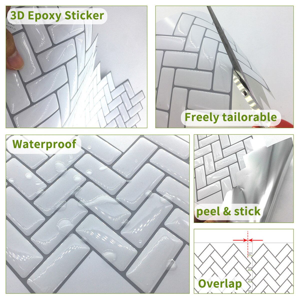 3d klassiske sildeben epoxy vægklistermærke køkken flise klistermærke stænktæt klistermærke avanceret anti-mold diy badeværelse dekoration