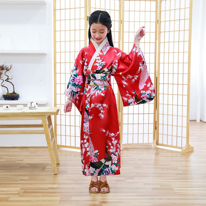 Traditionell kinesisk kimono för barn sidenklänning för barn i ett stycke klänning