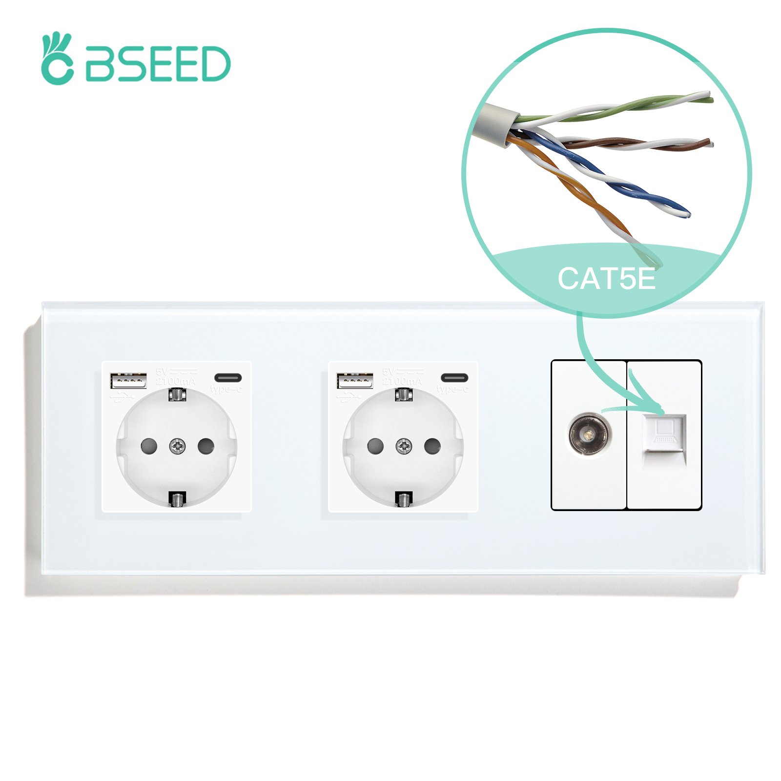 BSEED TV CAT5 With EU Socket Double Wall Sockets TV Internet RJ45 PC Connections Type-c USB Electric Sockets Glass Frame: Type 11