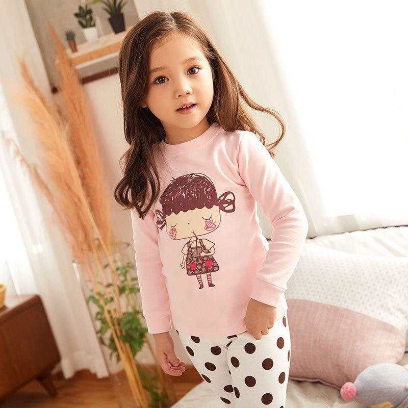 Kid's Children's Girl Cute Lovely Sweet Cartoon Little Girl Printed Long Sleeved Pajamas Sets Polka Dot Sleepwear Outfit