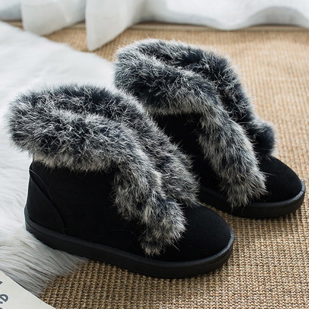 Oreilles de lapin femmes bottes de neige daim bout rond à lacets bottes chaudes avec peluche à l'intérieur tourner bord chaussures de pain d'hiver