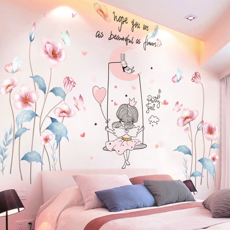 [Shijuekongjian] Bloemen Planten Muurstickers Diy Cartoon Meisje Maan Muurstickers Voor Woonkamer Kids Slaapkamer Home Decoratie