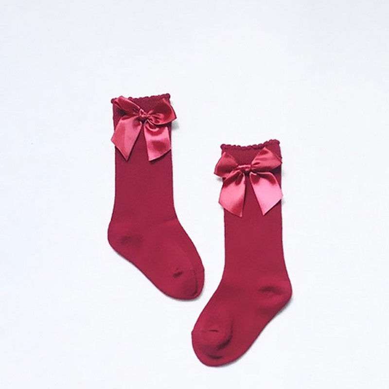 Baby Meisje Knie Hoge Bogen Prinses Sokken Lange Buis Booties Gestreepte Katoenen Sokken: Rood / 2-4 Years
