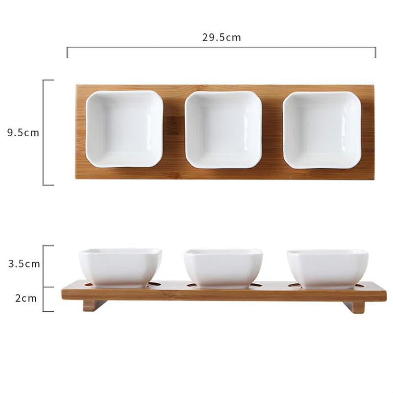 3 unids/set plato de salsa de cerámica, cojín de bambú, plato de inmersión para el hogar, sal de soja, azúcar, salsa, organizador de condimentos, tarros de especias: Suqare