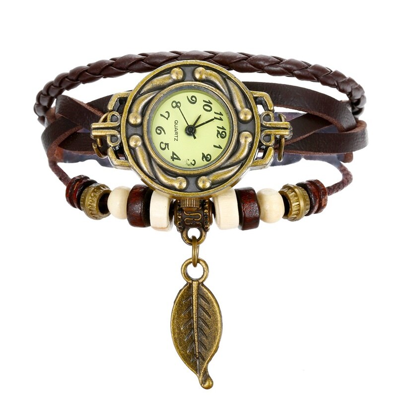 UMKA Punk Boho Vintage Leather Leaf Rope Wrap Watch Bracelet Black Men's or Woman's Charm Bracelet Party Jewelry: S191-2