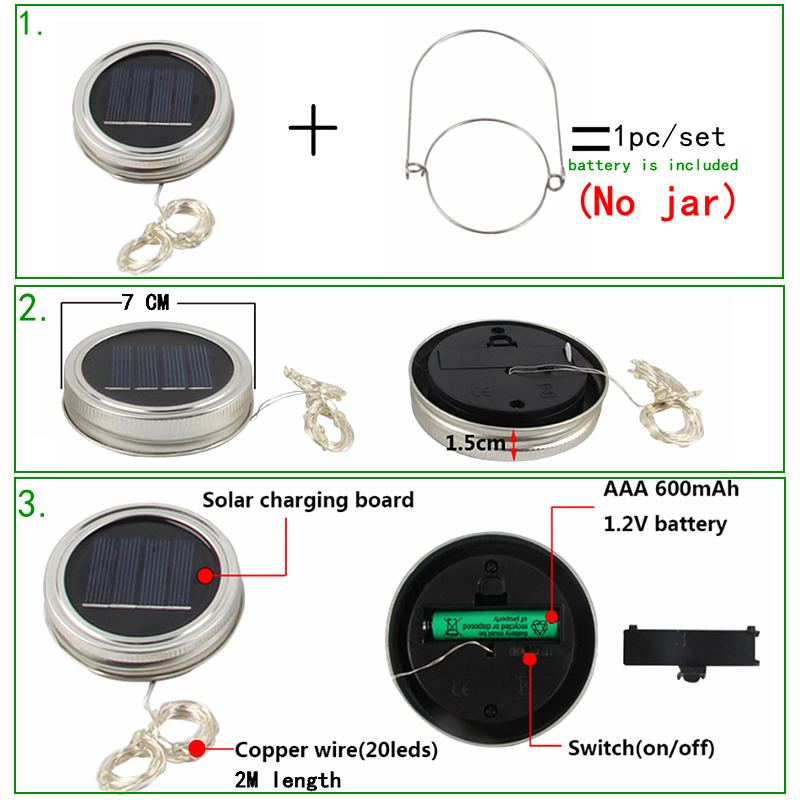 Solar Mason Bottle Jar Lights 20 Led String Fairy Firefly Lights Lids Insert With Handles For Patio Lawn Garden Decor No Jars
