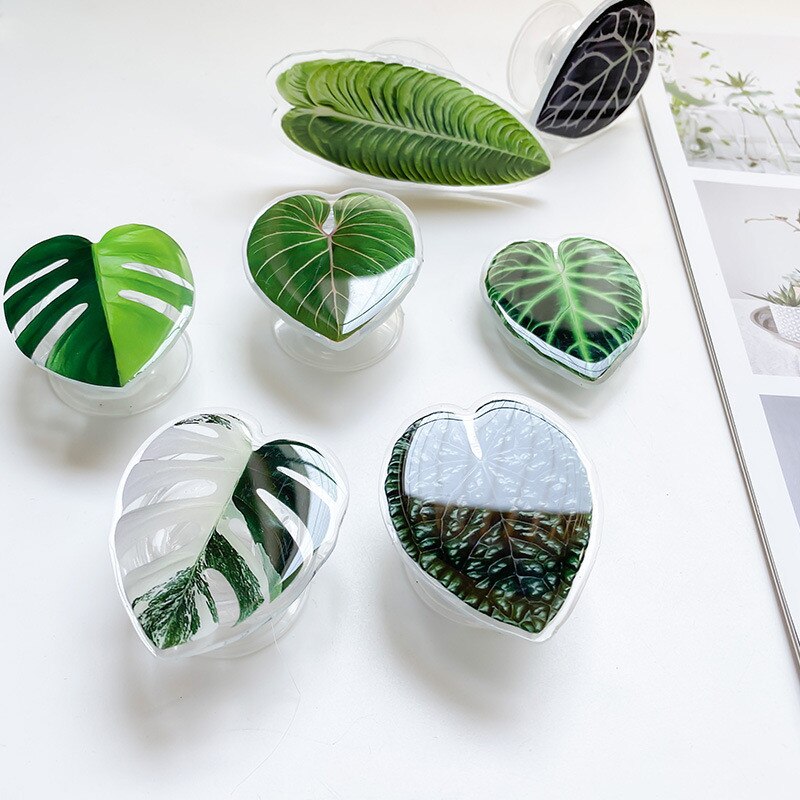 Cute Green Plants Leaves Universal Phone Holder Griptok Support For iPhone Grip Tok Folding Finger Stand Socket