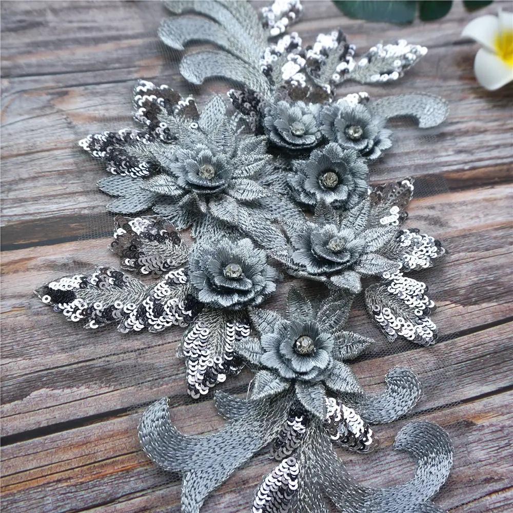 Goud Zilver Blauw Rood Kant Stof Pailletten 3d Bloemen Strass Trouwjurk Appliques Borduurwerk Naai Patch Voor Jurk Diy Decor