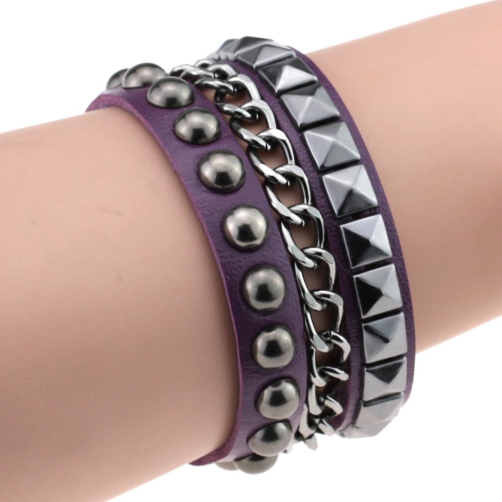 Gelaagde Leather Studded Armband Mannen Vrouwen Punk Band Rock Bangle Goth Sieraden Cosplay Emo Gothic Accessoires: purple