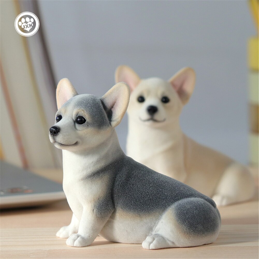 JXK Fluff Pembroke Welsh Corgi Dog Pet Healing Figure Canidae Animal Collector Toy Resin Desktop Decoration